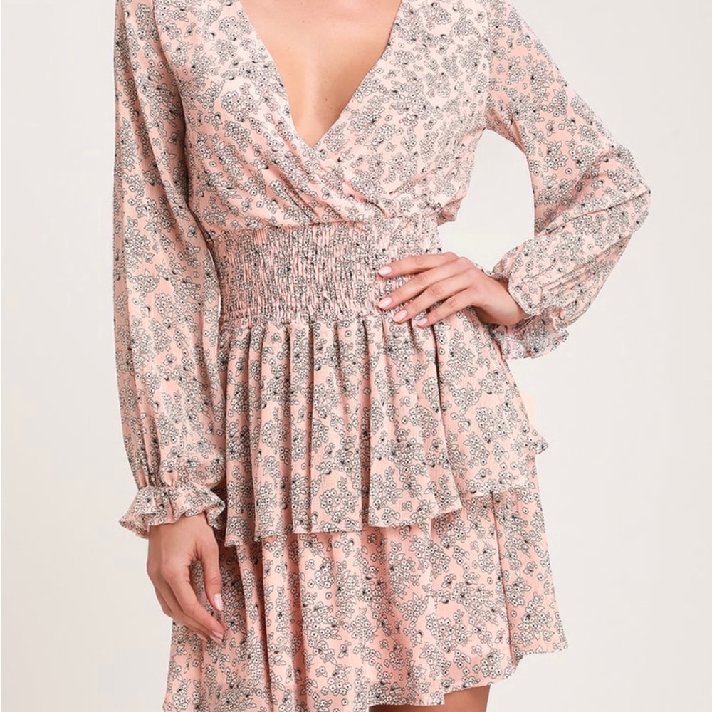 NWT Light Pink Girly Tiered Floral Print Long Sleeve Dress - Picture 4 of 5